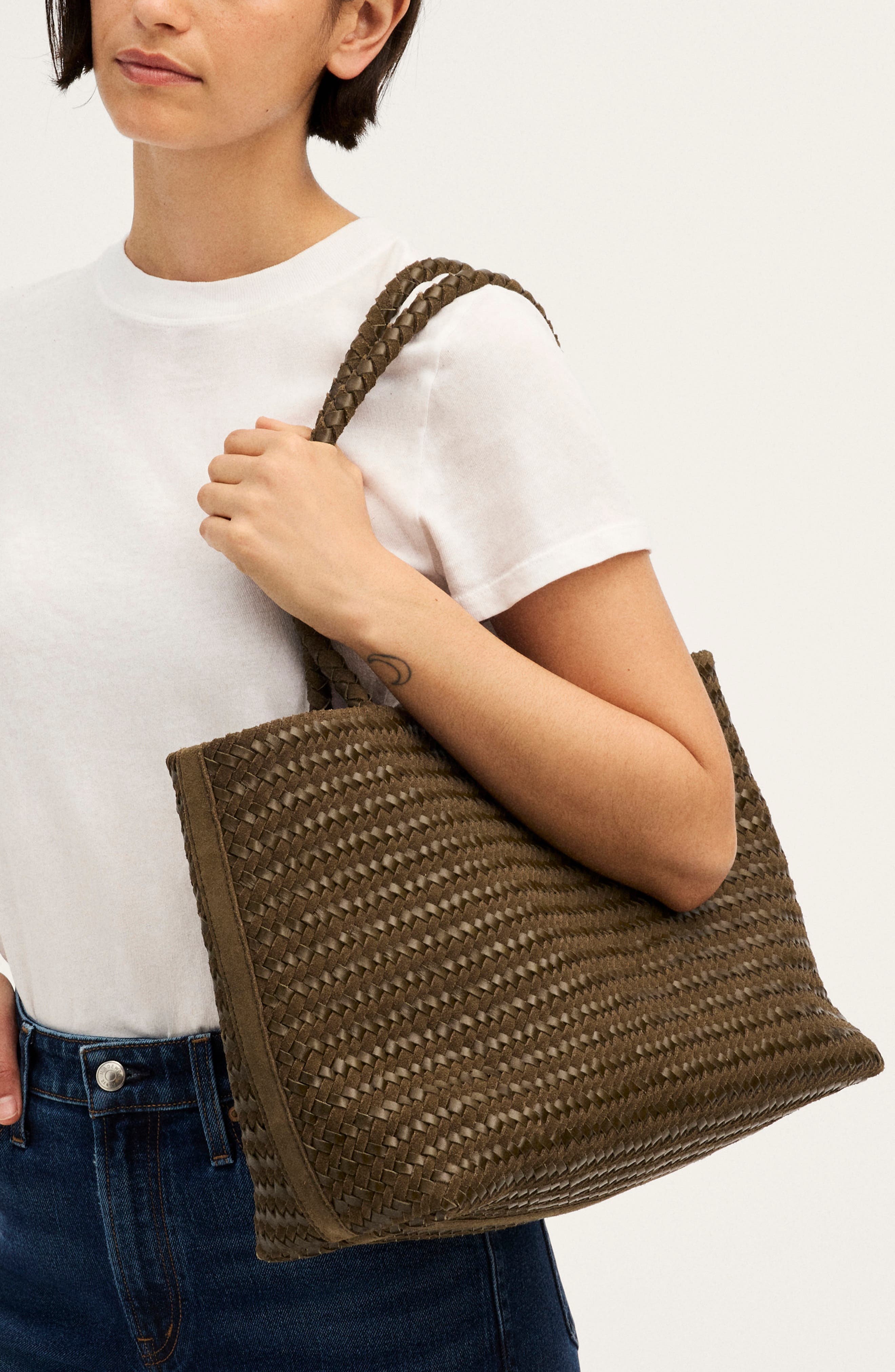 Handwoven Suede Leather Tote, Alternate, color, FADED OLIVE