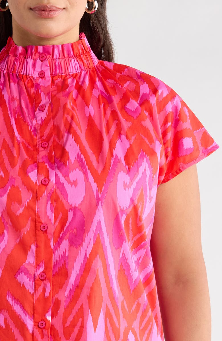 SUGARLIPS Blevin Ikat Patma Button-Up Mock Neck Top, Alternate, color, Red-Pink-Combo