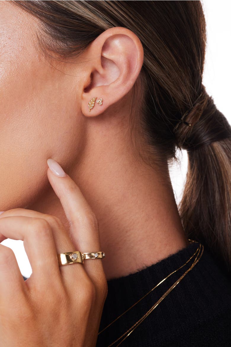 LEAF 14K GOLD DIAMOND STUD EARRINGS, Alternate, color, GOLD