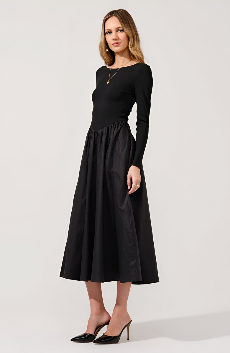 Modenaire Ribbed Maxi Dress with Boat Neck, V-Peaked Waist and Contrast Details, Alternate, color, 