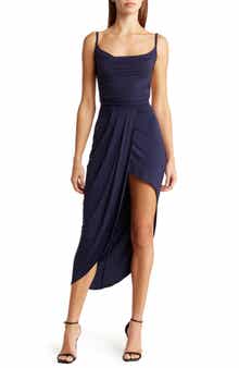 GO COUTURE Cowl Neck Asymmetric Slit Dress