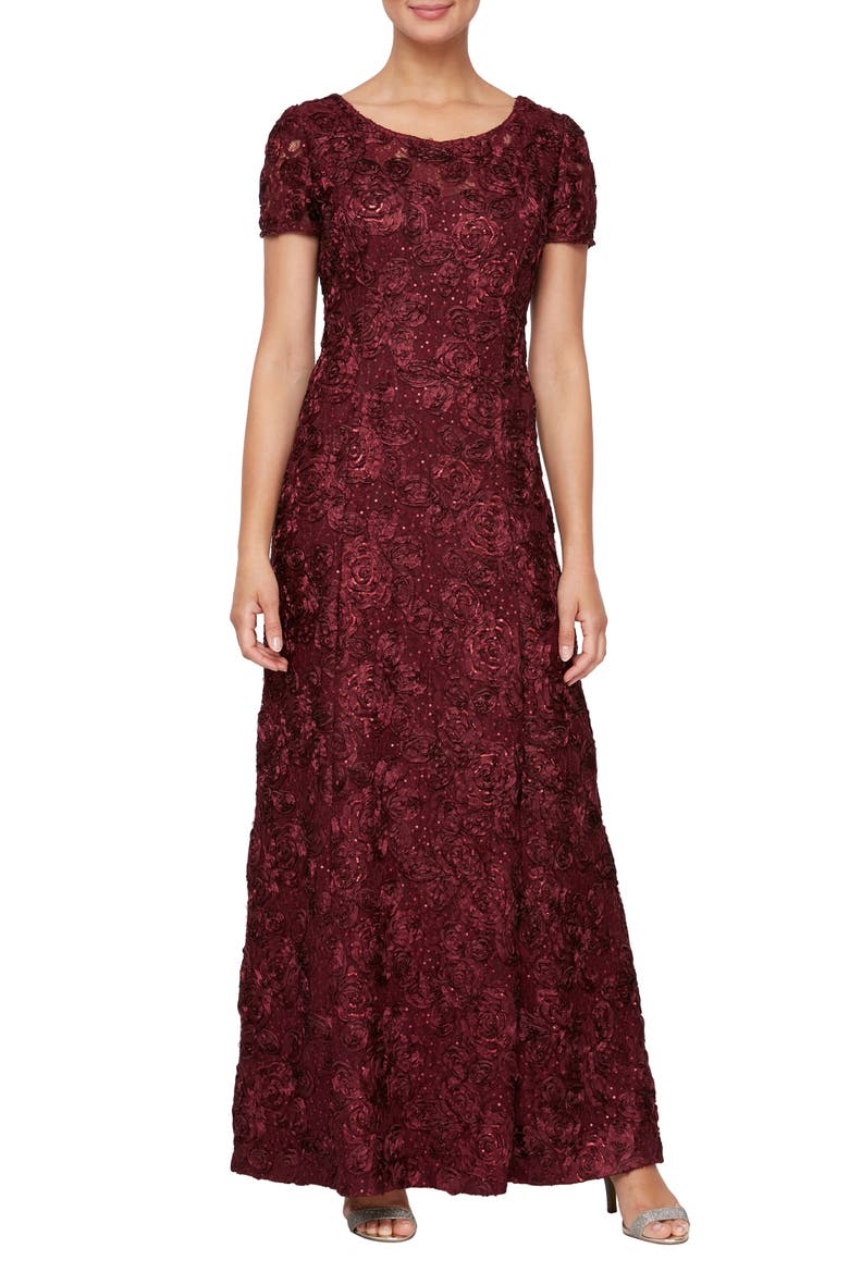 Embellished Lace A-Line Evening Gown, Main, color, MERLOT