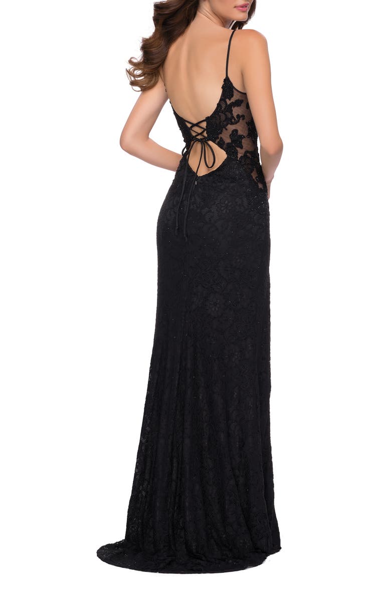 La Femme Sleek Lace Long Dress with Sheer Sides and Open Back, Alternate, color, Black