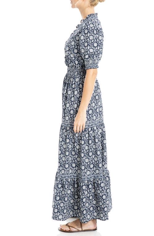 Max Studio Floral Short Sleeve Tiered Maxi Dress In Navy/cream