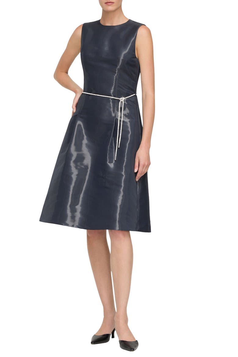Liquid Twill A-Line Dress with Embellished Belt, Main, color, INK IRIDESCENT