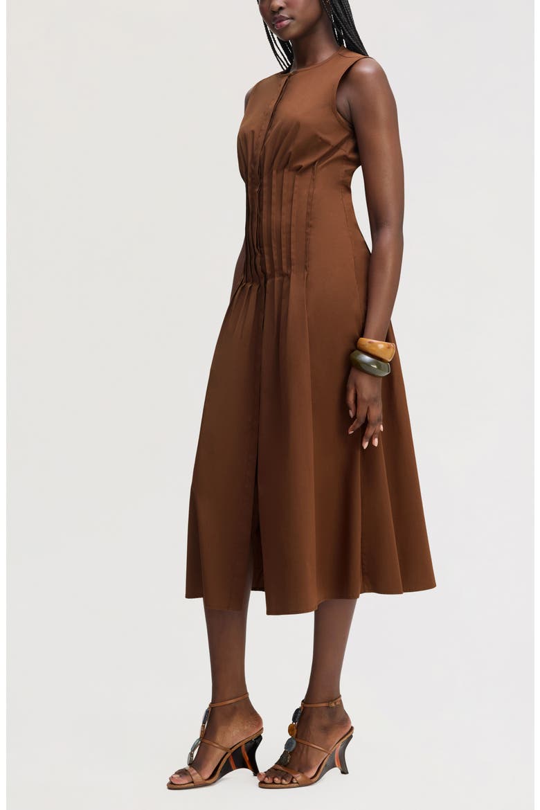 Pleated Waist Sleeveless Midi Dress, Alternate, color, COCOA BEAN
