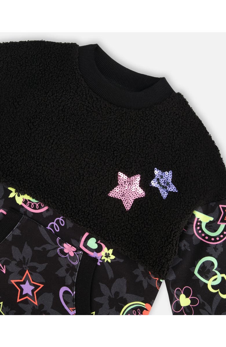 Deux par Deux Girl's Bi-Material French Terry And Soft Fleece Tunic With Pocket Black Printed Rainbow Hearts, Alternate, color, 