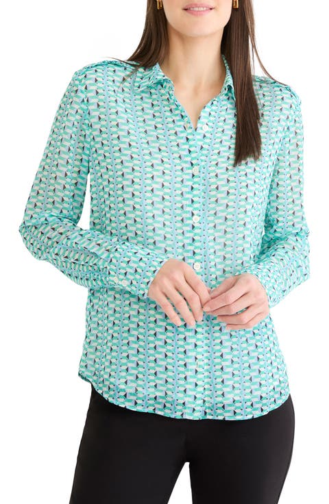 Geo Steps Relaxed FIt Chiffon Button-Up Shirt (Regular & Petite)