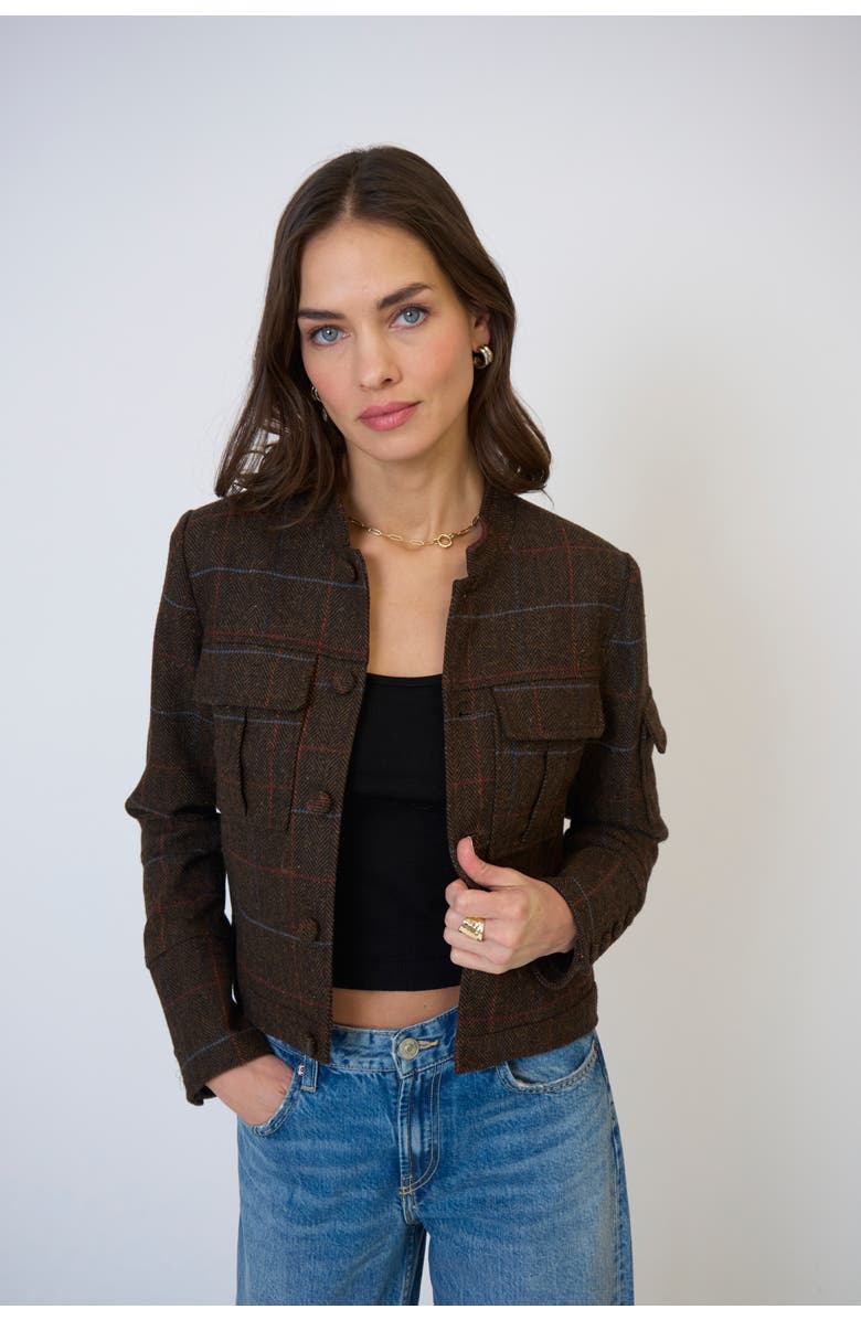 Central Park West Eden Plaid Military Jacket, Main, color, Brown