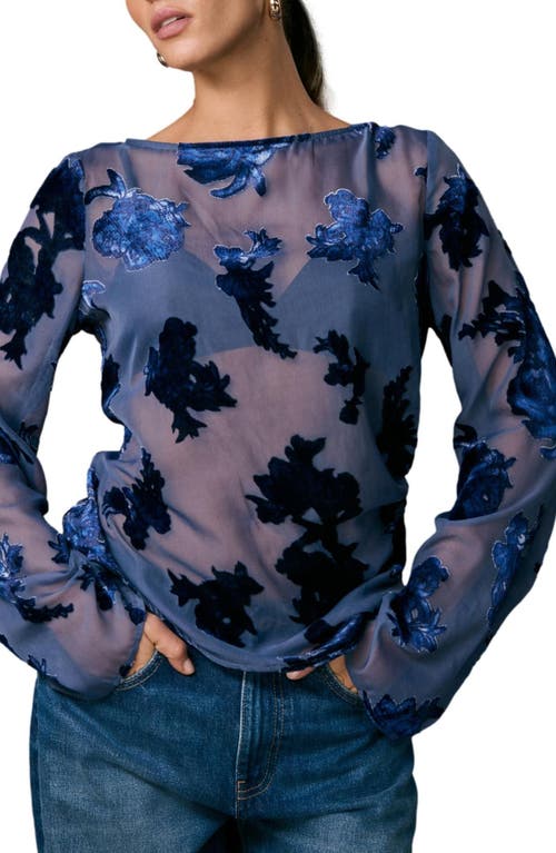 Next Burnout Flocked Sheer Mesh Top In Blue