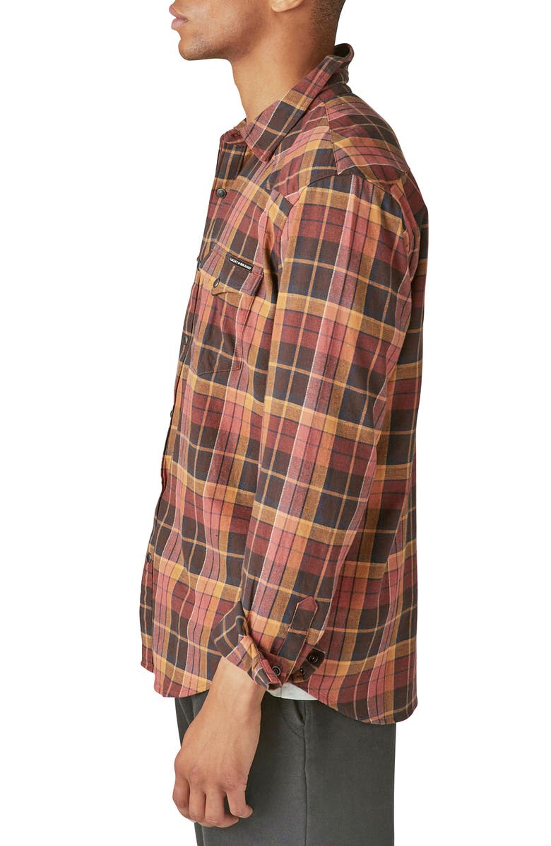 Lucky Brand Plaid Cotton Stretch Flannel Snap-Up Western Shirt, Alternate, color, Brown/ Red