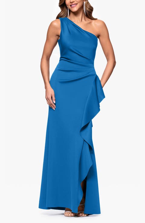 One-Shoulder Ruffle Scuba Crepe Gown (Regular & Petite)