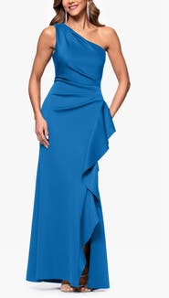 Xscape Evenings One-Shoulder Ruffle Scuba Crepe Gown