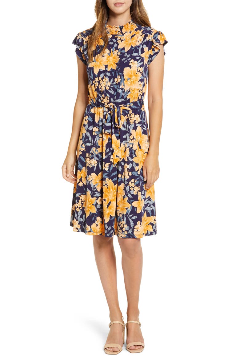 Floral Print Belted A-Line Dress, Main, color, NAVY/ GOLDEN YELLOW
