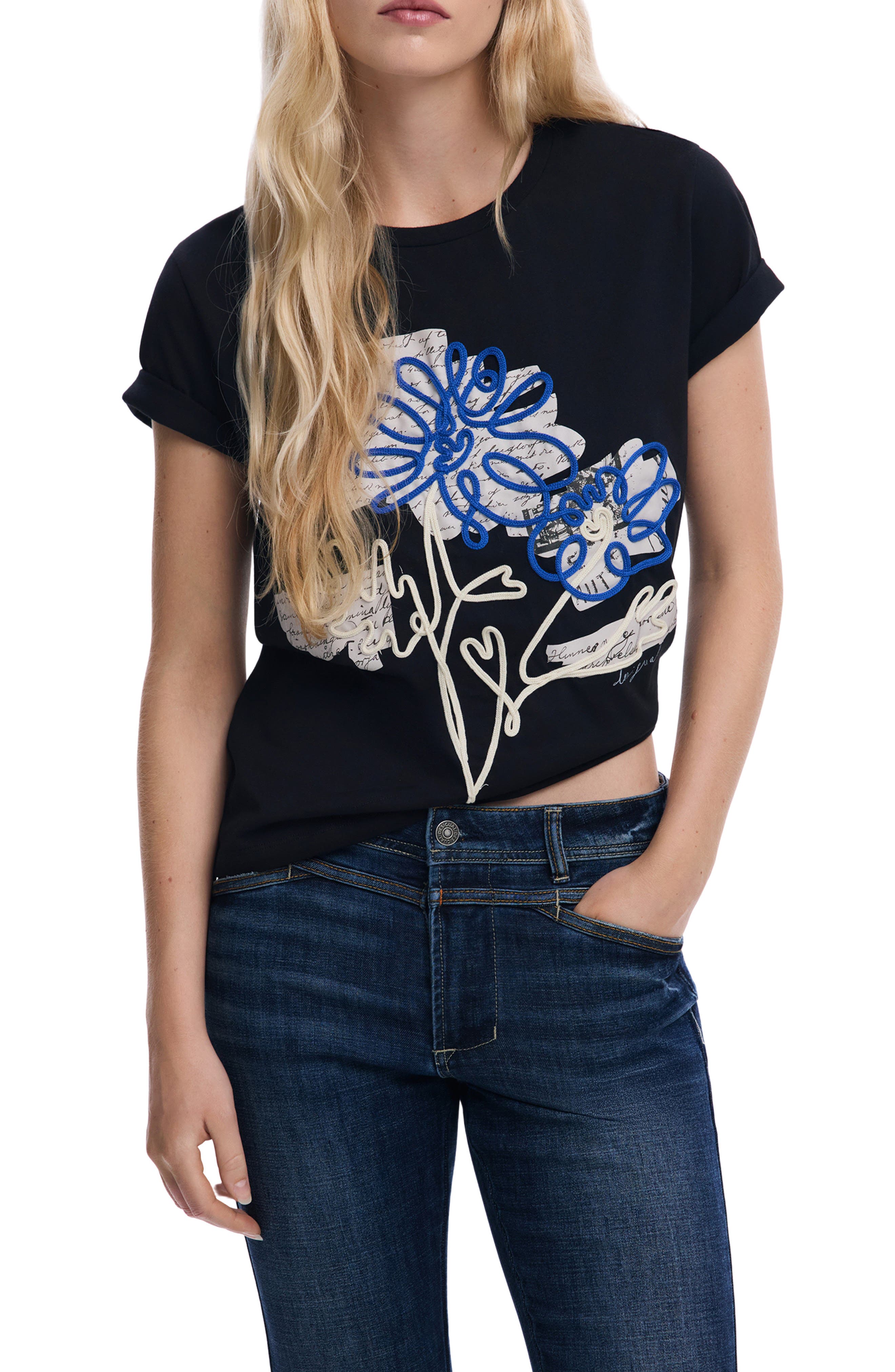 Desigual Floral Crewneck Cotton Graphic T-Shirt