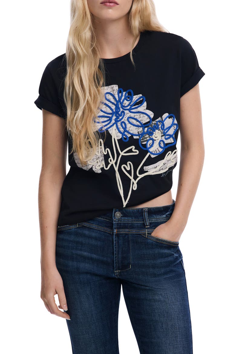 Floral Crewneck Cotton Graphic T-Shirt, Main, color, BLACK