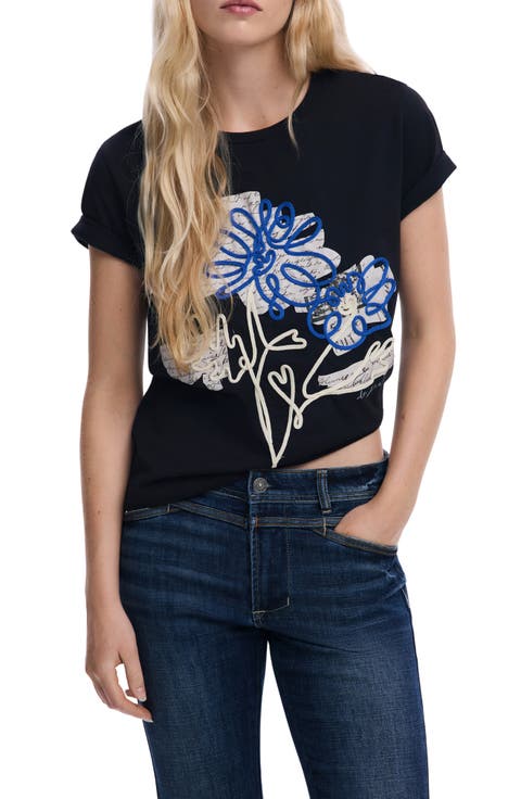 Floral Crewneck Cotton Graphic T-Shirt