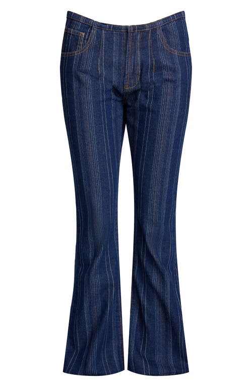 Shop Lioness Charismatic Dipped Low Rise Flare Jeans In Dark Denim Stripe