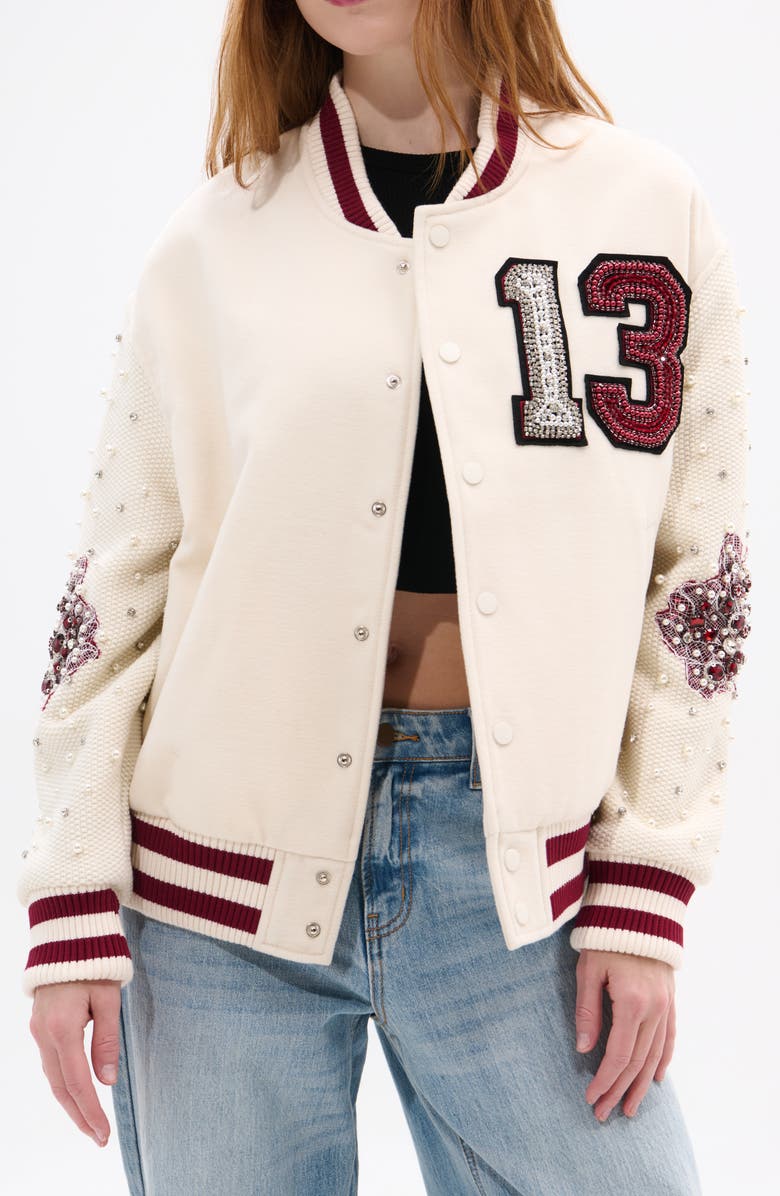 AZALEA WANG Crystal 13 Logo Bomber Jacket, Alternate, color, Cream Multi