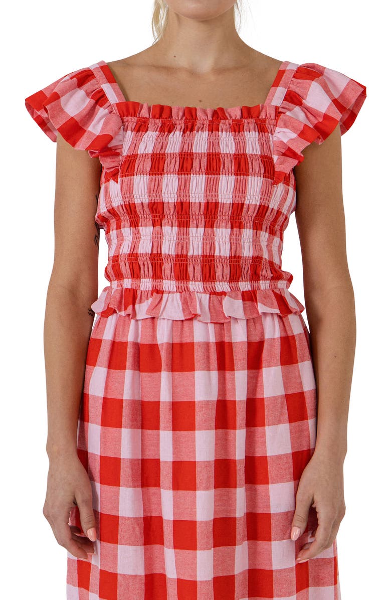 English Factory Gingham Smocked Ruffle Crop Top, Alternate, color, 