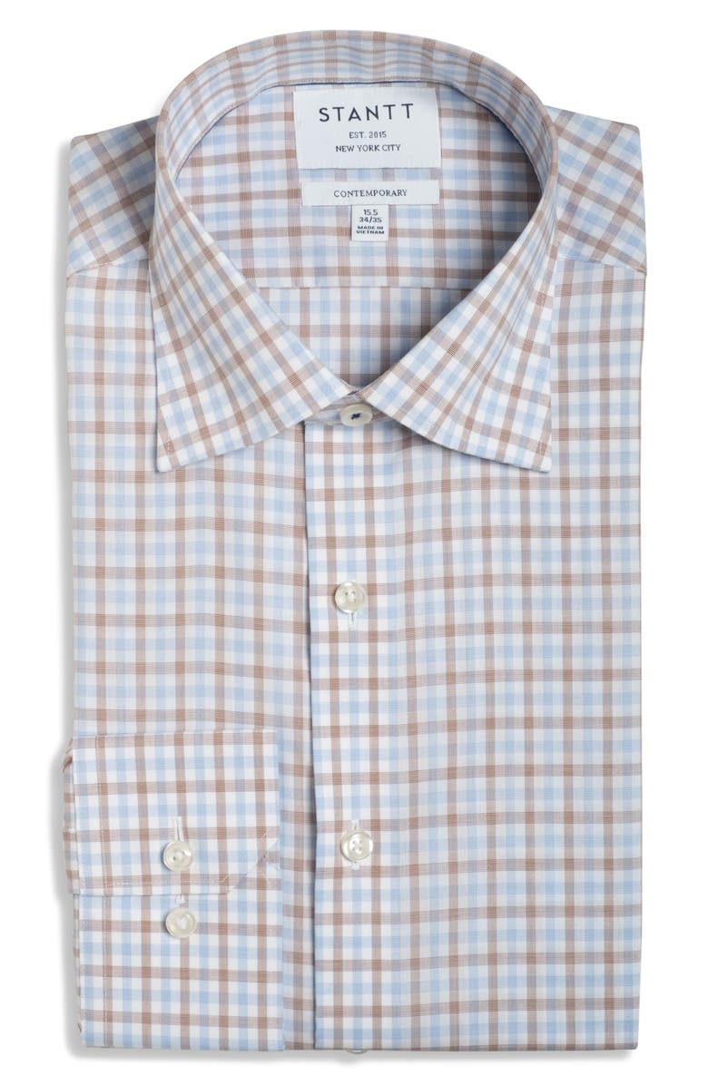 Stantt Contemporary Fit Gingham Wrinkle Resistant Cotton Dress Shirt, Main, color, Blue/ White/ Brown