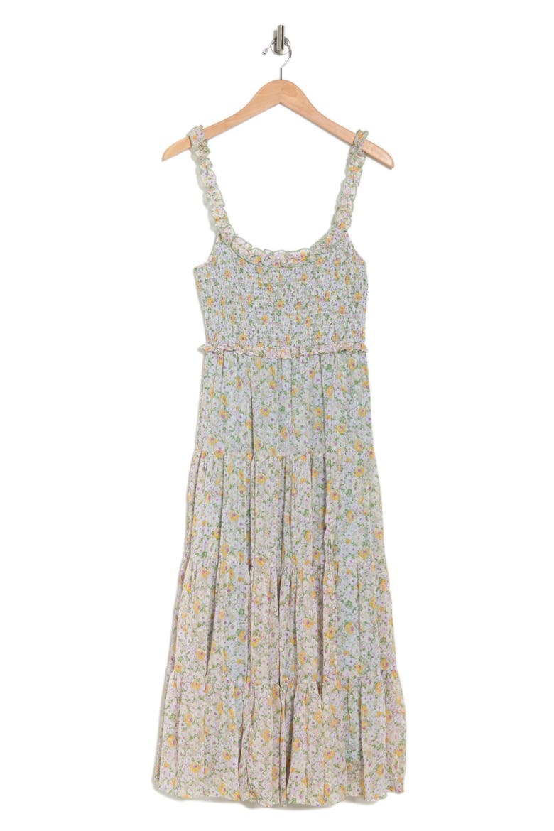 Floral Smocked Tiered Midi Dress, Alternate, color, LILAC GREEN FLORAL