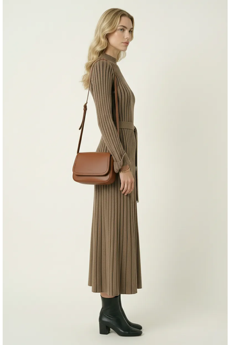 Ribbed Knit Long Sleeve Maxi Dress with Flared Cuffs and Fit-and-Flare, Alternate, color, Brown
