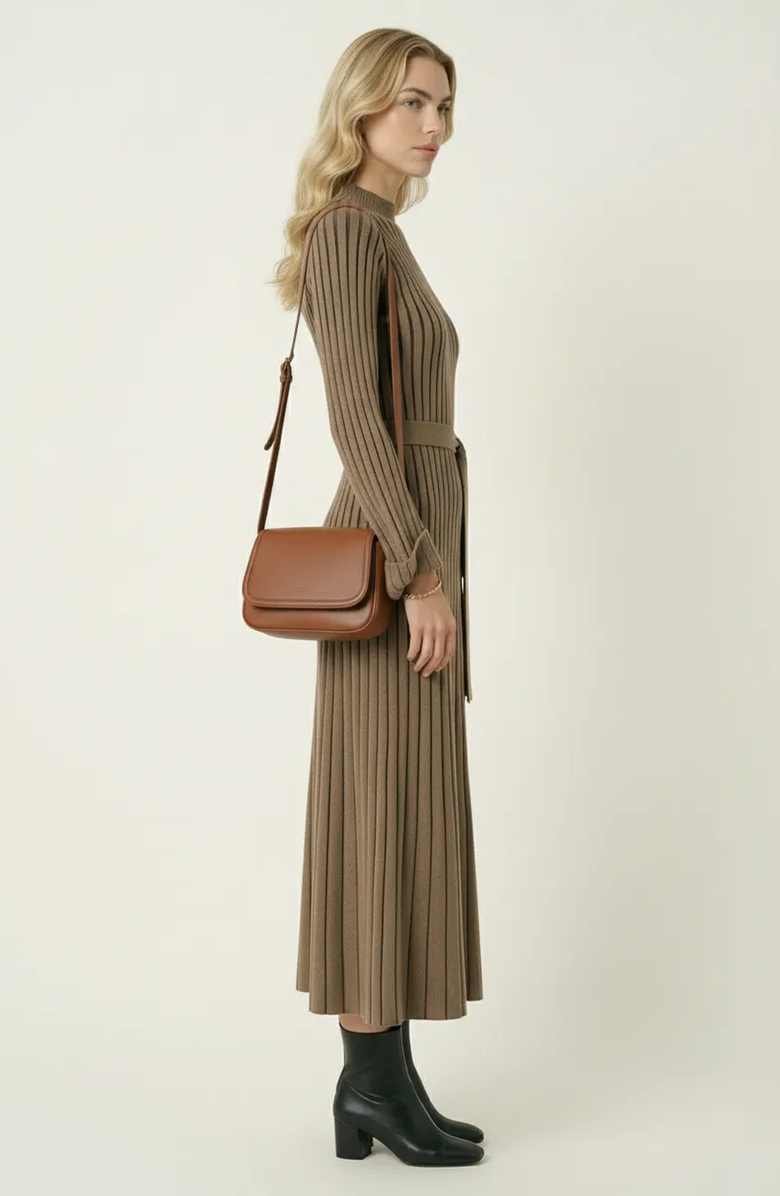 Modenaire Ribbed Knit Long Sleeve Maxi Dress with Flared Cuffs and Fit-and-Flare, Alternate, color, Brown
