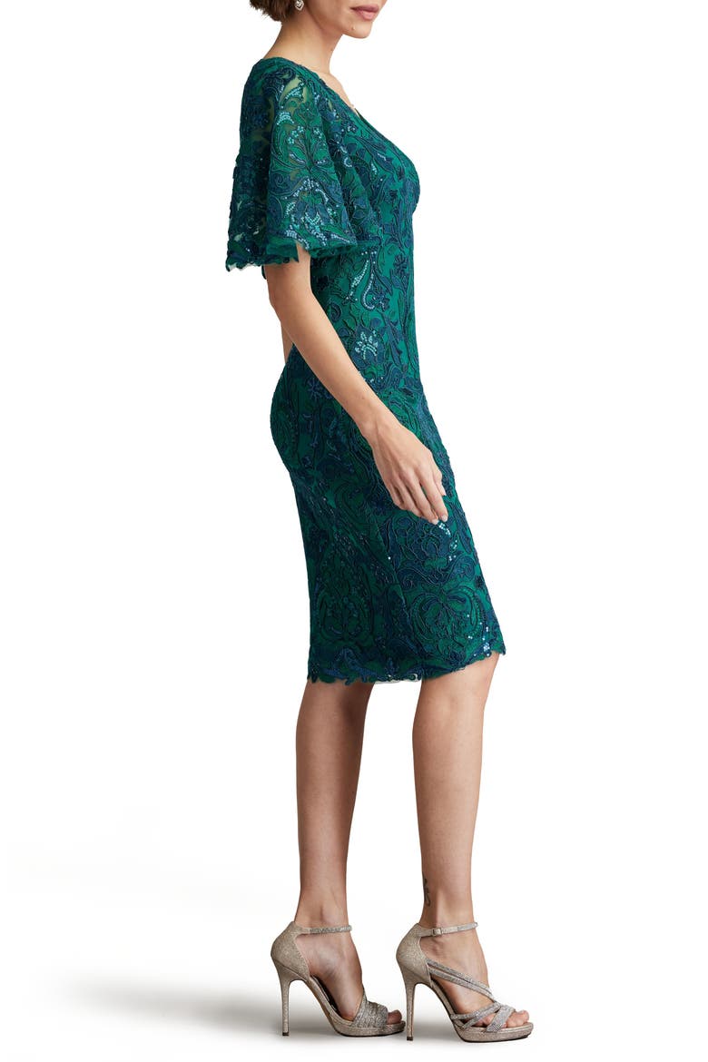 Sequin Lace Bell Sleeve Cocktail Dress, Alternate, color, TEA LEAF