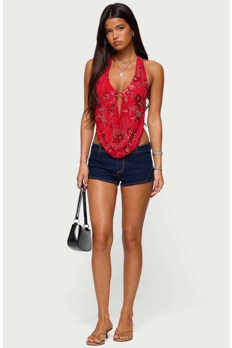 Beaded Cowl Neck Open Back Halter Top, Alternate, color, RED