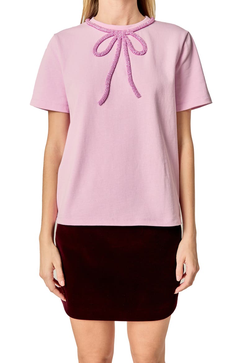 Beaded Bow Cotton T-Shirt, Alternate, color, LILAC