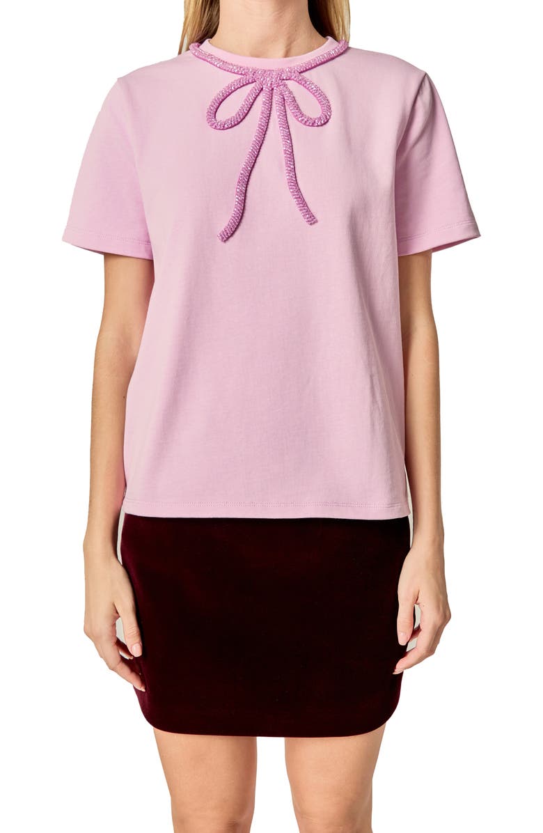 English Factory Beaded Bow Cotton T-Shirt, Alternate, color, Lilac