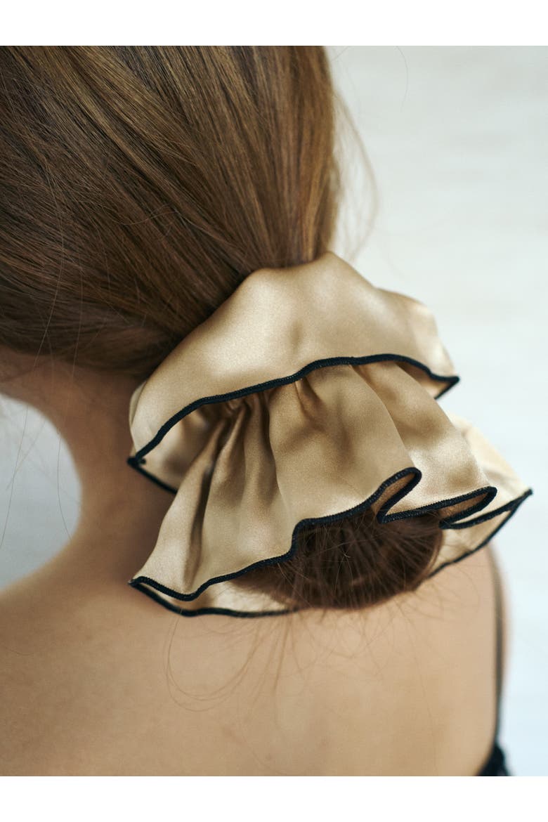 "Maxi Flower" Double-Layer Oversized Silk Scrunchie, Alternate, color, Tan