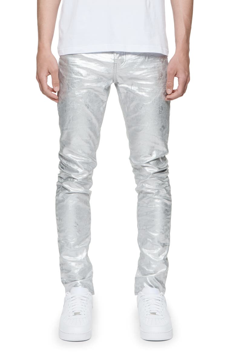 Metallic Monogram Skinny Jeans, Main, color, GREY SILVER