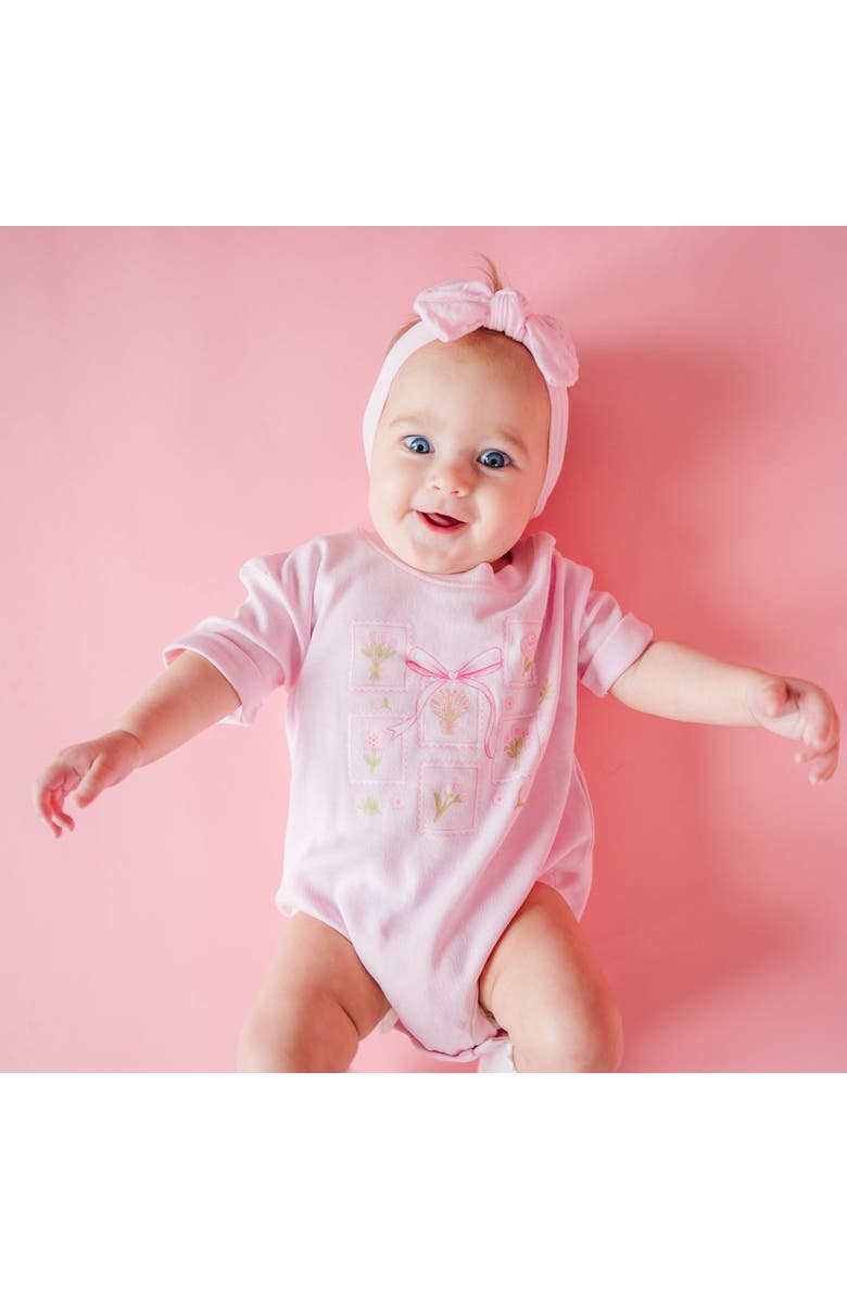 Sweet Wink Bouquet Bow Short Sleeve Romper, Alternate, color, Ballet Pink