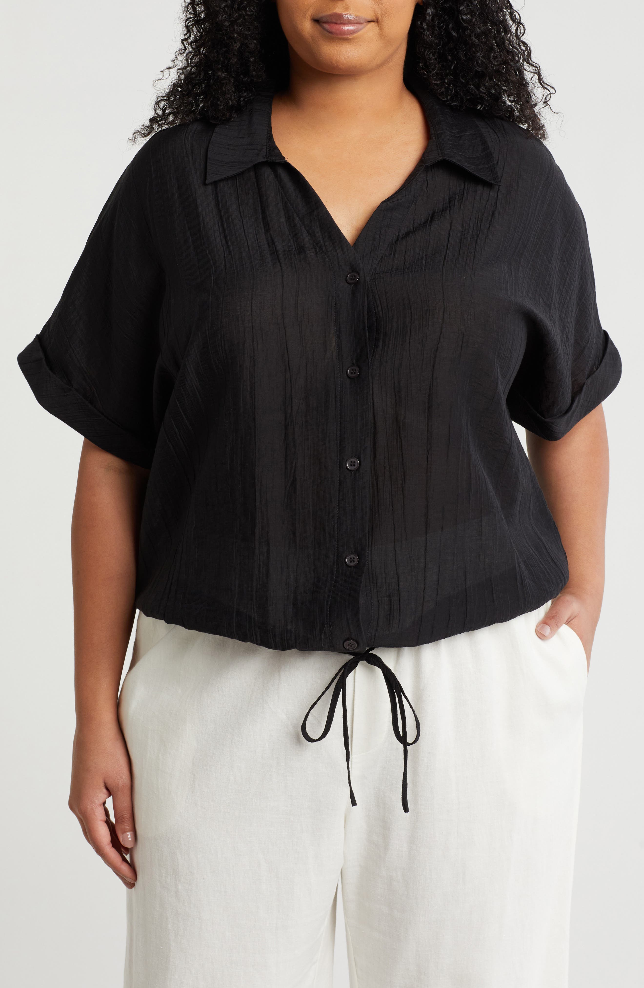 Adrianna Papell Short Sleeve Tie Front Button-Up Shirt
