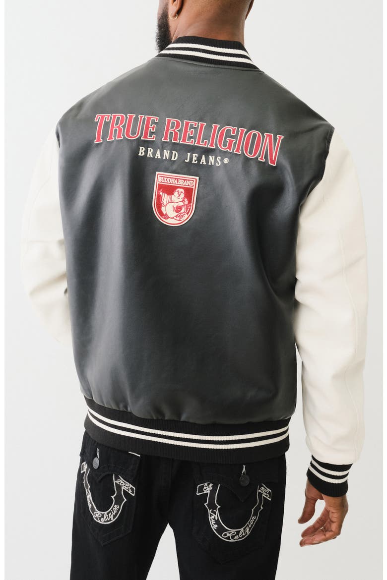 Faux Leather Varsity Jacket, Alternate, color, BLACK / WINTER WHITE