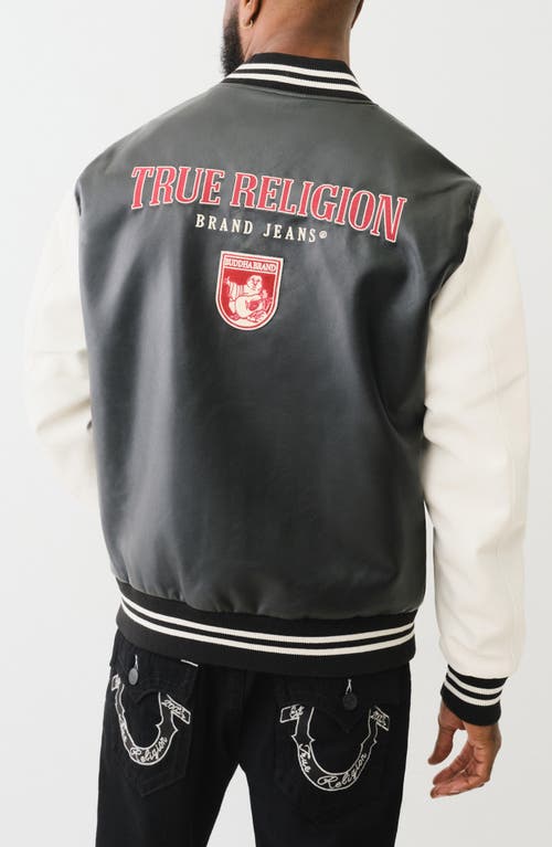 TRUE RELIGION TRUE RELIGION FAUX LEATHER VARSITY JACKET