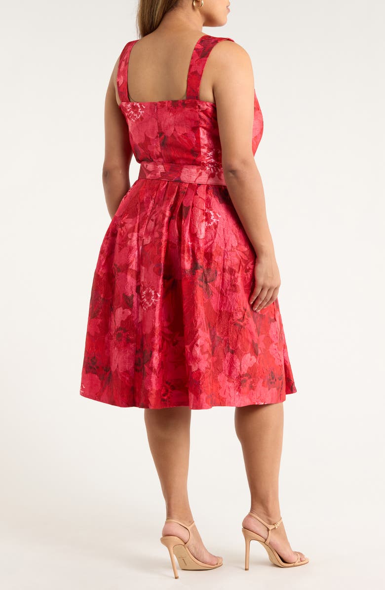 Tahari ASL Floral Print Crinkle Belted Dress, Alternate, color, Crimson