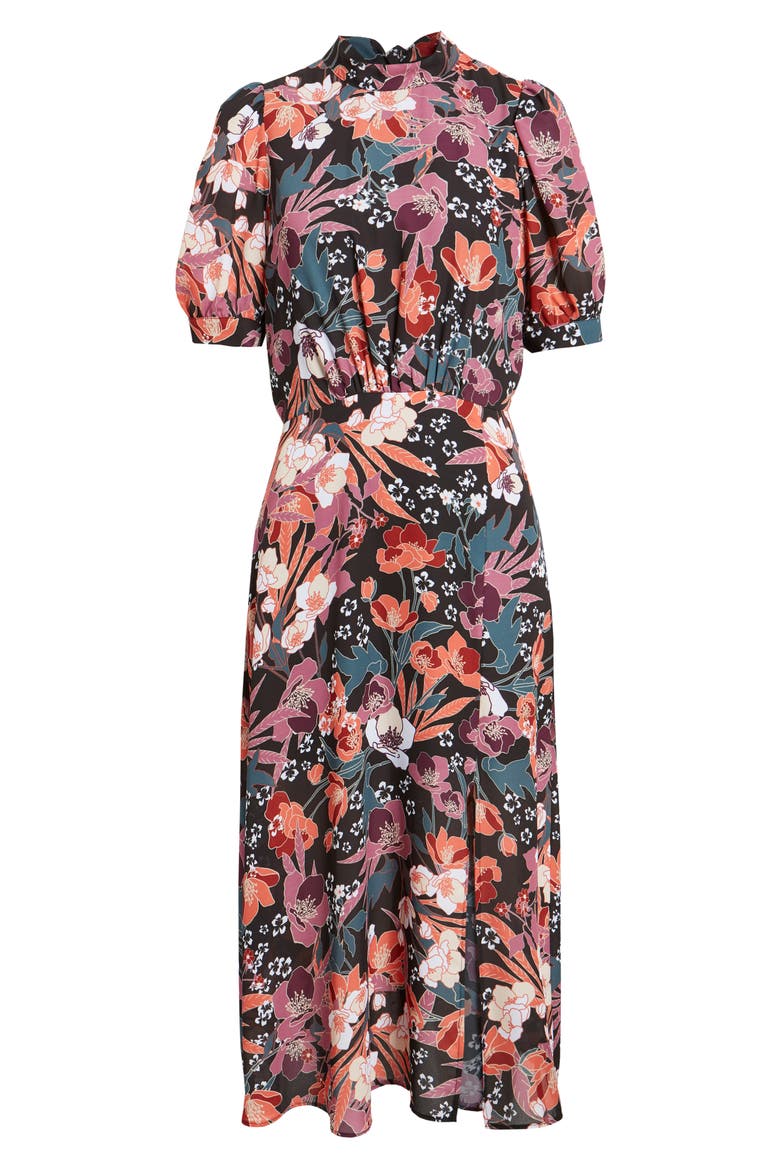 Floral Puff Sleeve Midi Dress, Alternate, color, BLACK/MULT