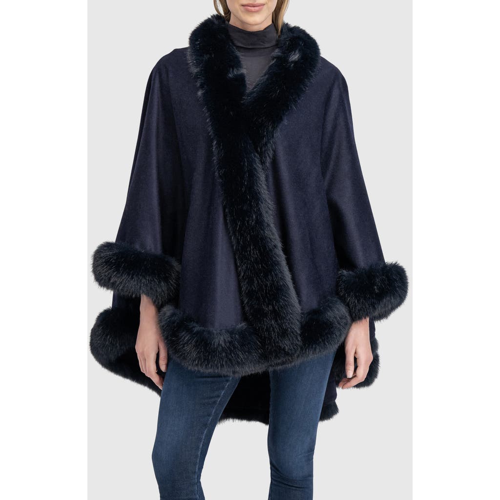 Lyla Grant Cashmere & Wool Blend Cape With Fur-free Fox (faux Fur) Trim In Blue