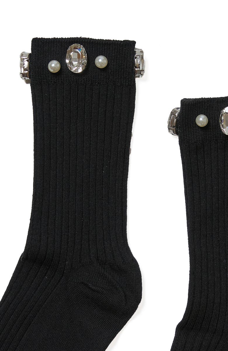 Stems Crystal & Faux Pearl Cluster Rib Crew Socks, Alternate, color, Black
