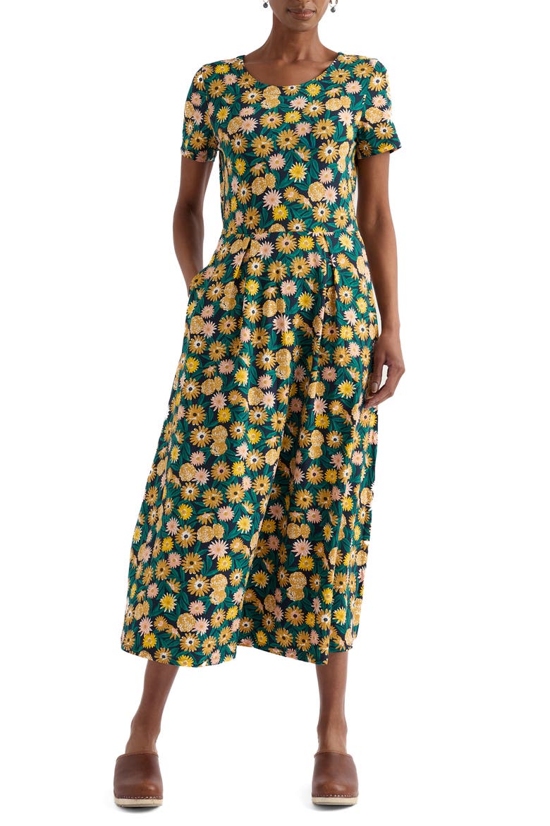 Veronica Floral Stretch Organic Cotton Midi Dress, Main, color, MARIGOLD MEADOW INKWELL