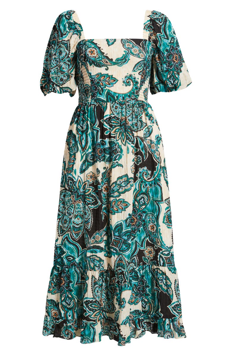 Vince Camuto Paisley Print Puff Sleeve Midi Dress, Alternate, color, Teal