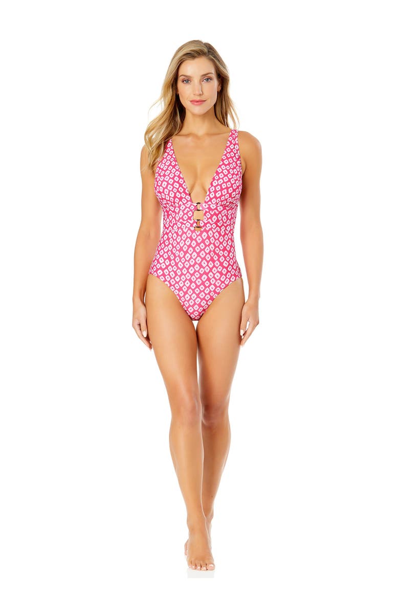 Women's Tie Dye Ikat Double Ring Plunge Front One Piece Swimsuit, Alternate, color, Shibori Geo Pink