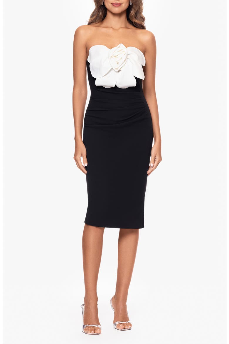 Floral Appliqué Strapless Scuba Knit Sheath Cocktail Dress, Main, color, BLACK/ WHITE