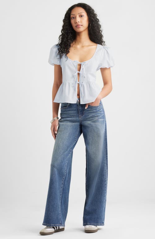 Bp. Tie Front Cotton Poplin Top In Blue