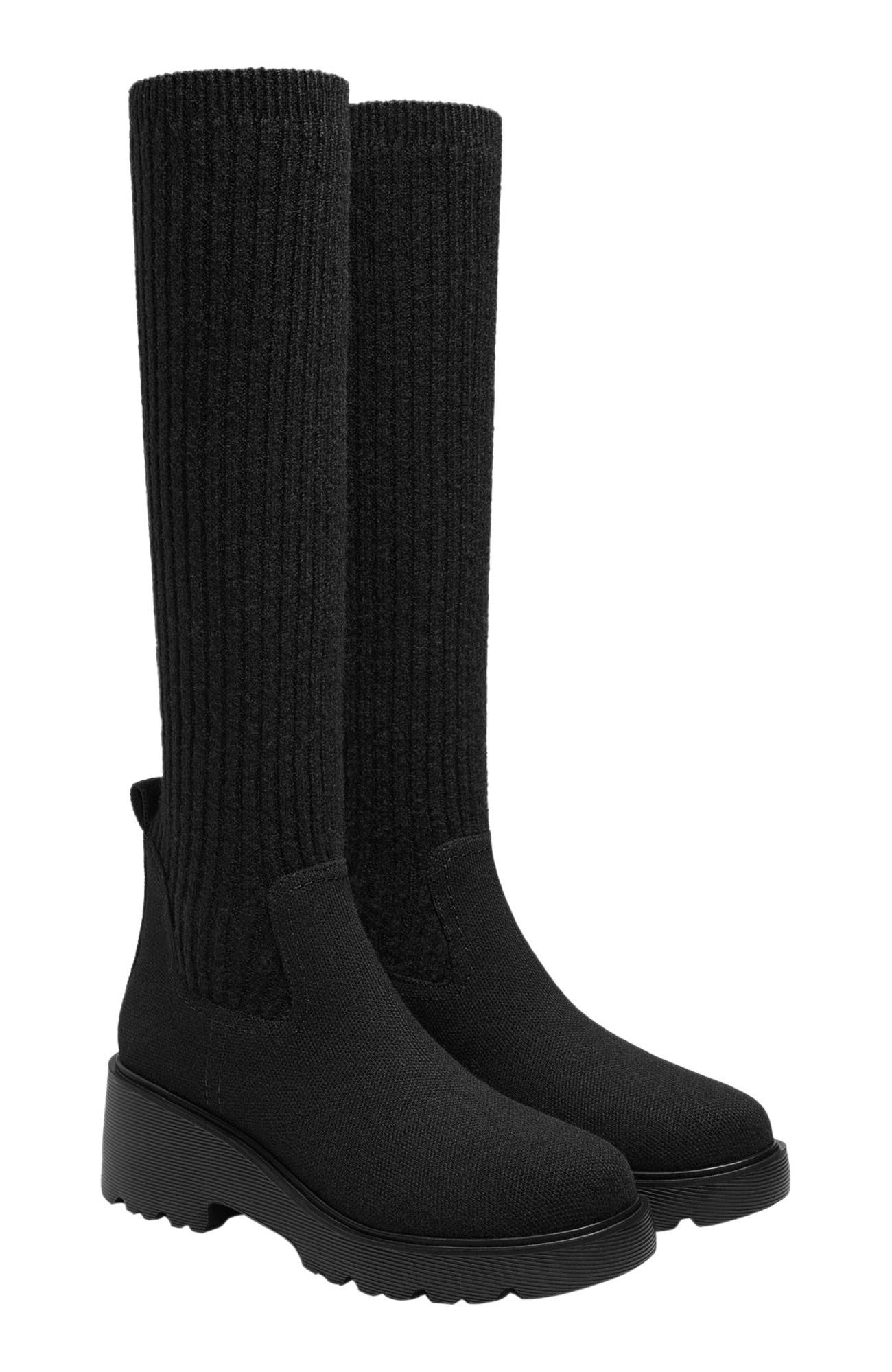 VIVAIA Round-Toe Knee-High Platform Chunky Wool Wedge Boots, Alternate, color, Black
