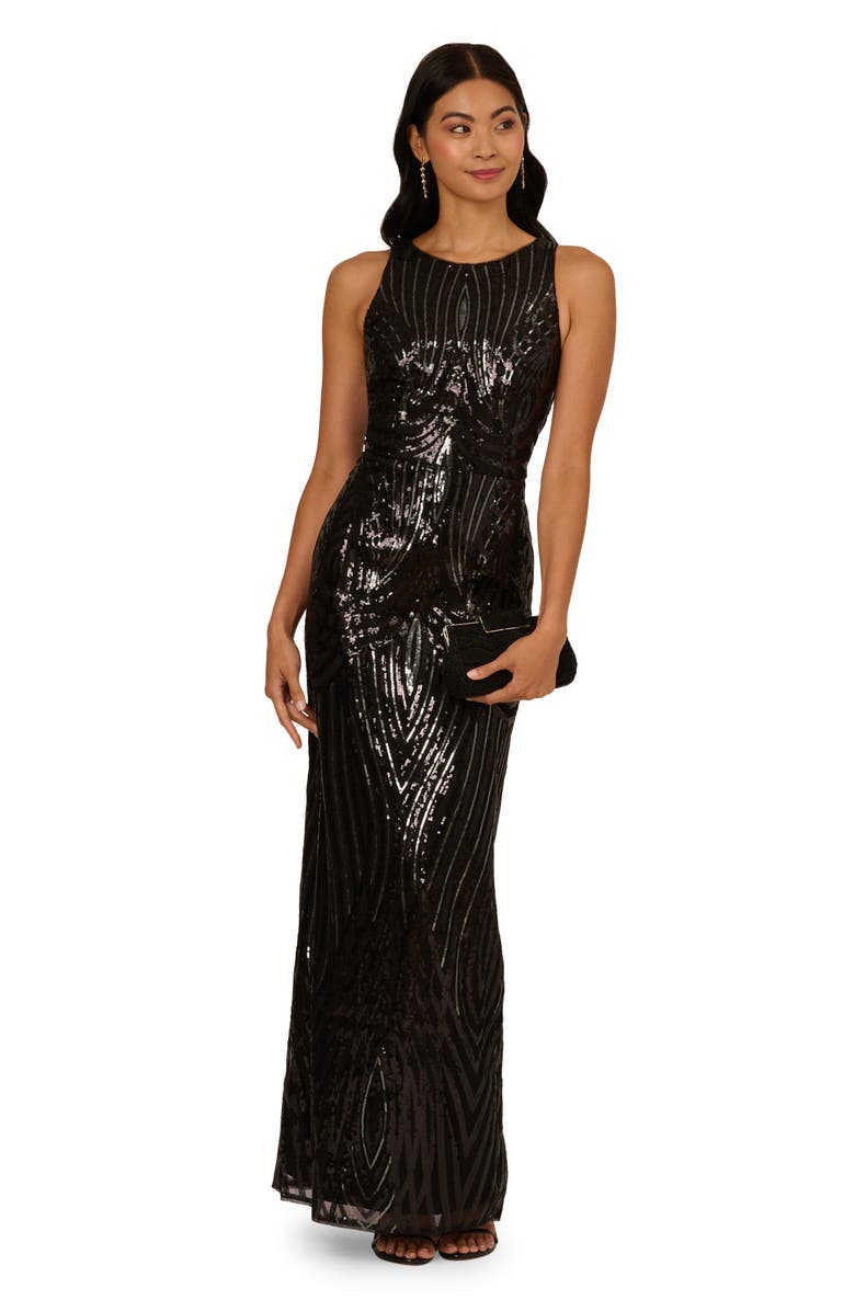 Adrianna Papell Sequin Column Gown, Alternate, color, Black/ Gunmetal
