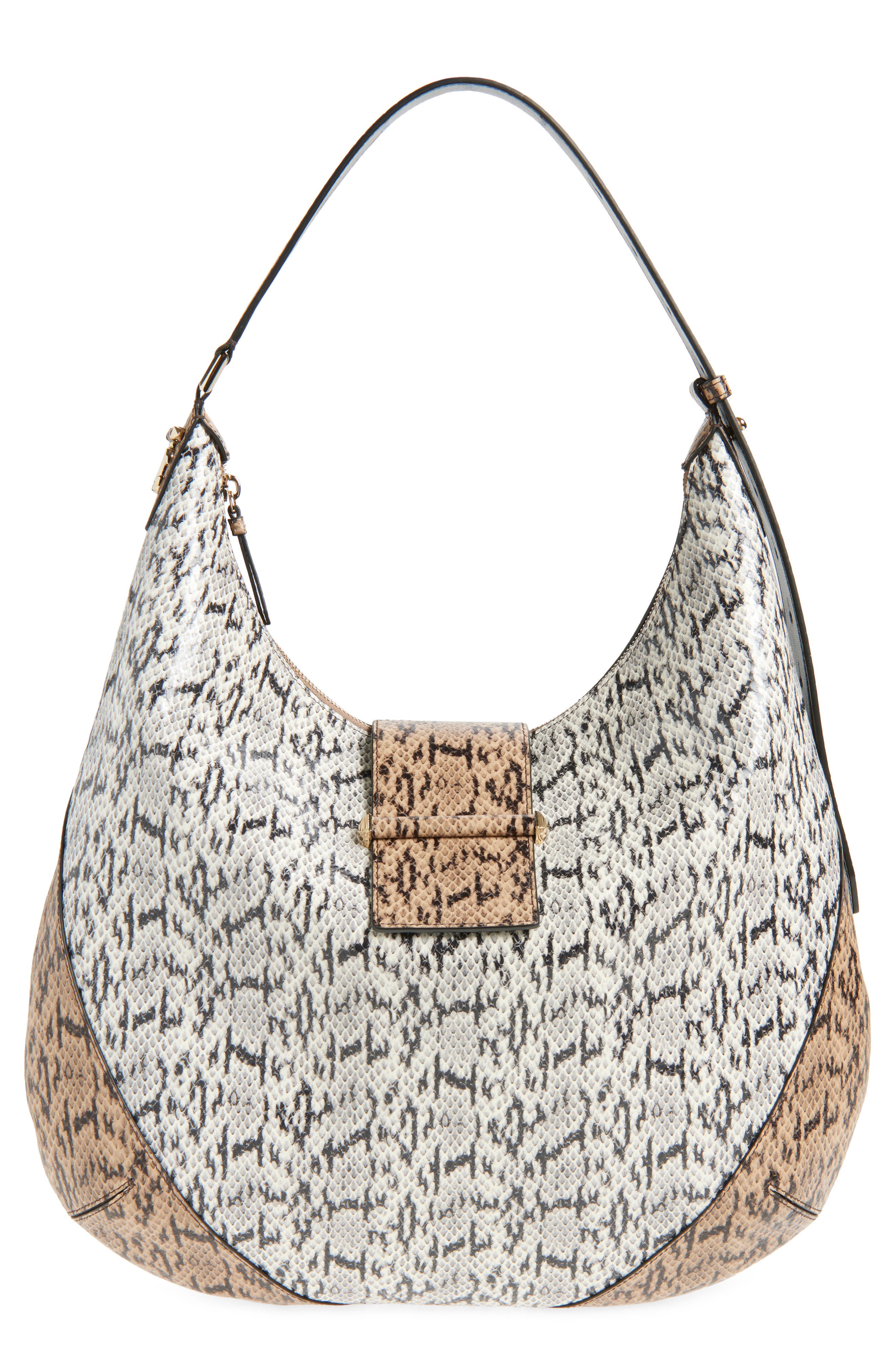 Jimmy Choo Medium Bar Snakeskin Embossed Leather Hobo Bag, Main, color, Roccia/ Chai/ Shiny Gold